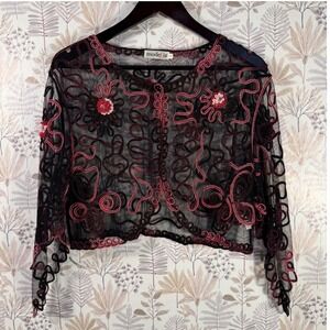 ModeLia Sheer Embroidered Mesh Cropped Cardigan Top Black & Burgundy Size XL